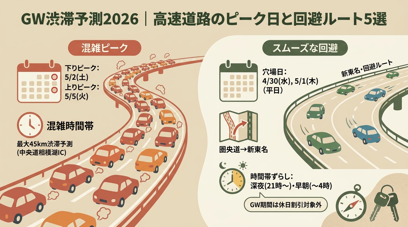 GW渋滞予測2026｜高速道路のピーク日と回避ルート5選 アイキャッチ（PC用）