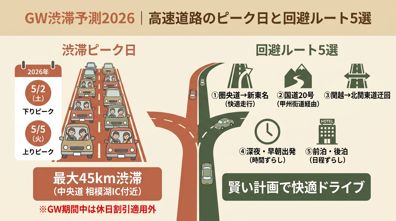 GW渋滞予測2026｜高速道路のピーク日と回避ルート5選 アイキャッチ（PC用）