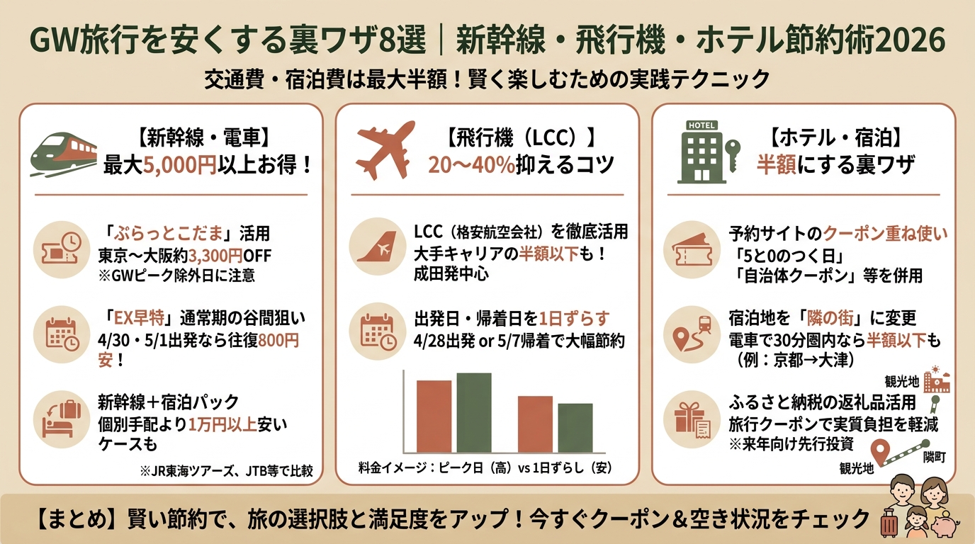 GW旅行を安くする裏ワザ8選｜新幹線・飛行機・ホテル節約術2026