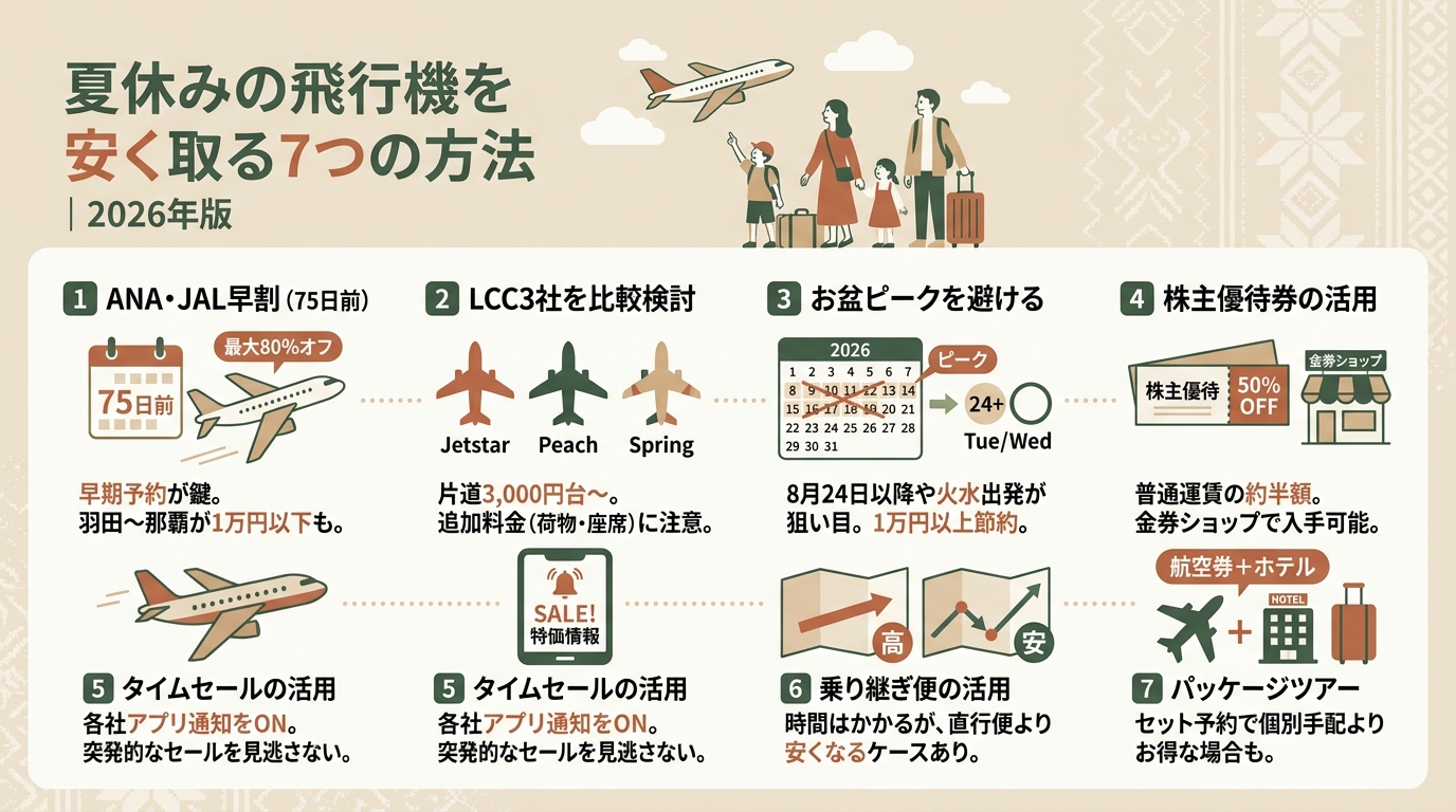 夏休みの飛行機を安く取る7つの方法｜お盆ピーク回避2026