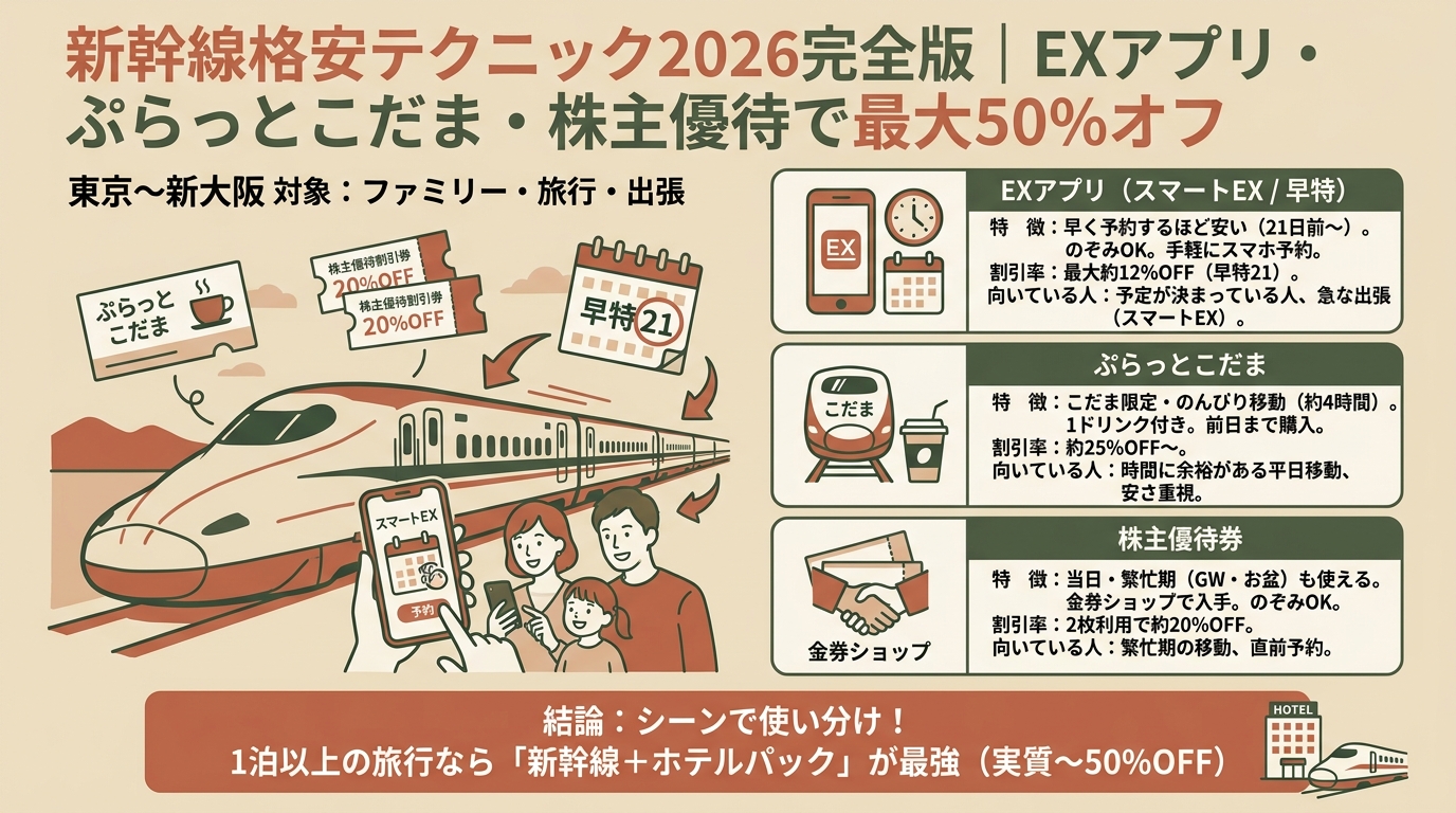 新幹線格安テクニック2026完全版｜EXアプリ・ぷらっとこだま・株主優待で最大50%オフ