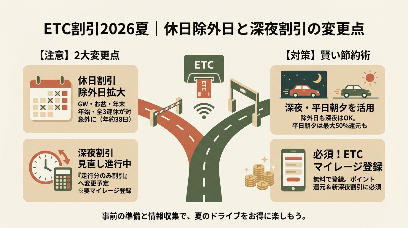 ETC割引2026夏|休日除外日と深夜割引の変更点