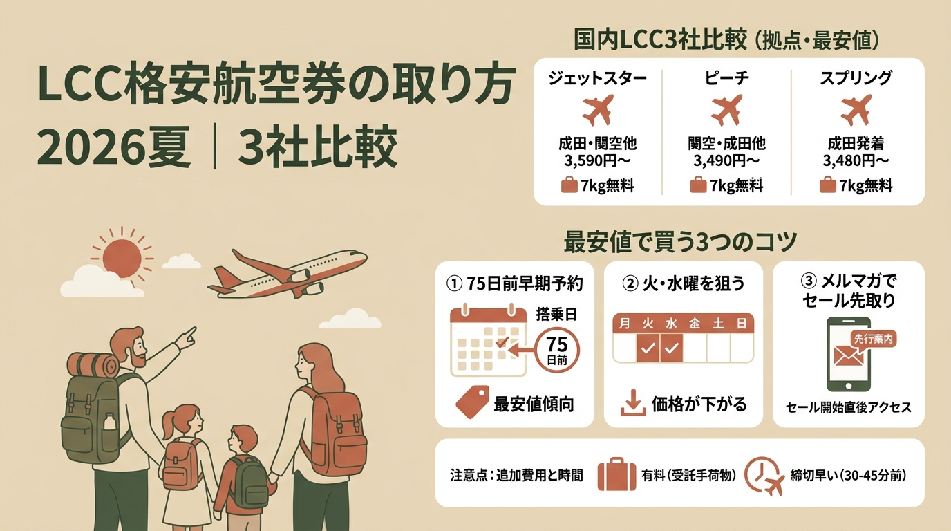 LCC格安航空券の取り方2026夏｜3社比較 アイキャッチ（PC用）