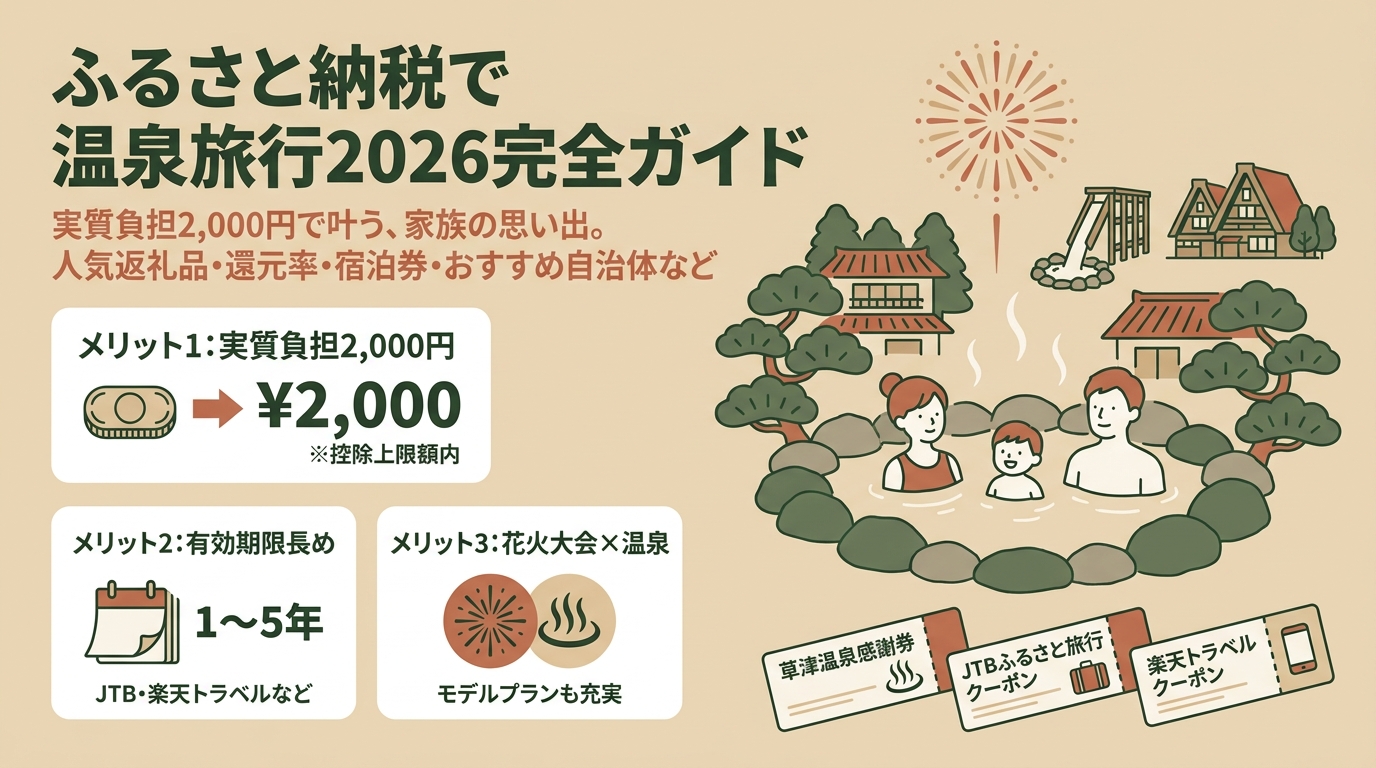 ふるさと納税で温泉旅行2026完全ガイド 人気返礼品・還元率・宿泊券・おすすめ自治体など アイキャッチ(PC用)