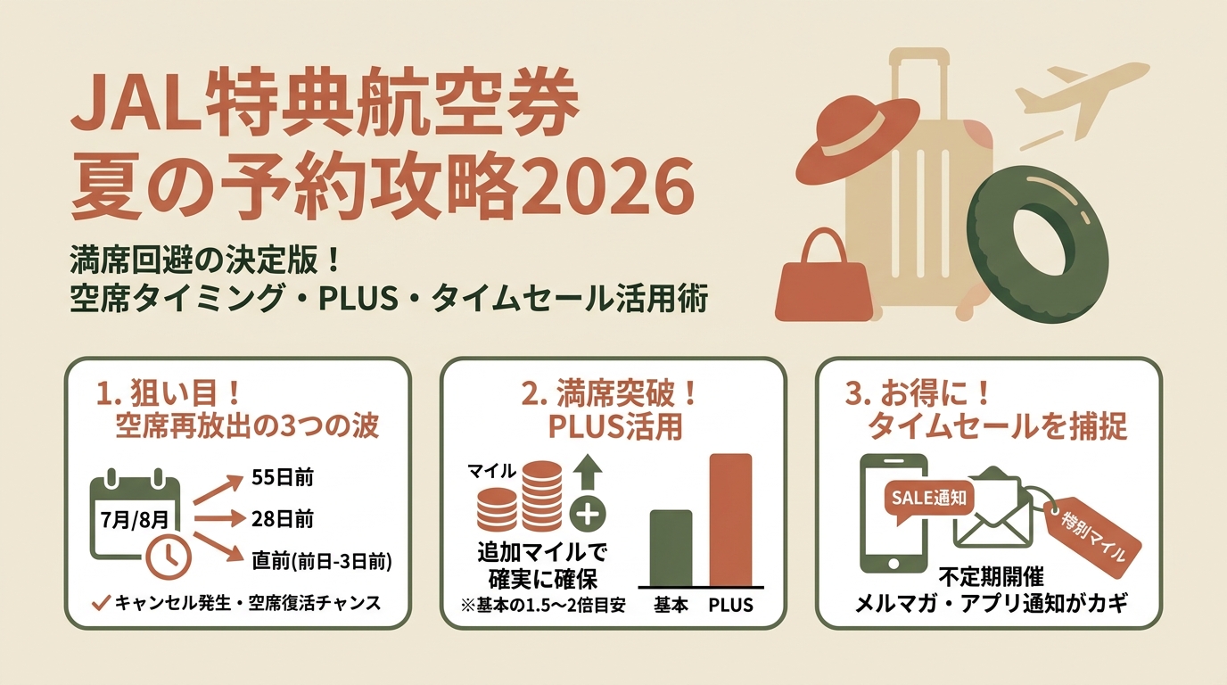 JAL特典航空券 夏の予約攻略2026 空席が出るタイミング・PLUS活用・タイムセールなど