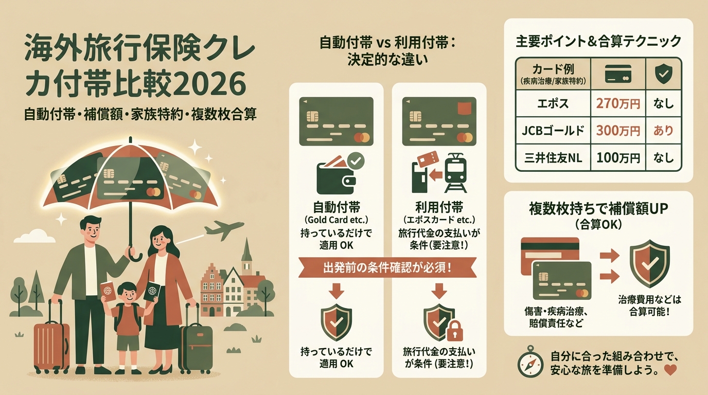 海外旅行保険クレカ付帯比較2026 自動付帯・補償額・家族特約など