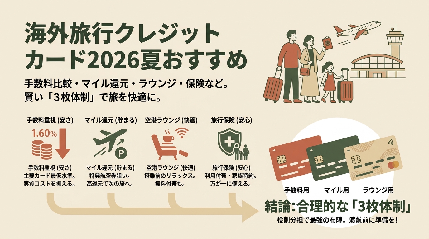 海外旅行クレジットカード2026夏おすすめ 手数料比較・マイル還元・ラウンジ・保険など アイキャッチ(PC用)