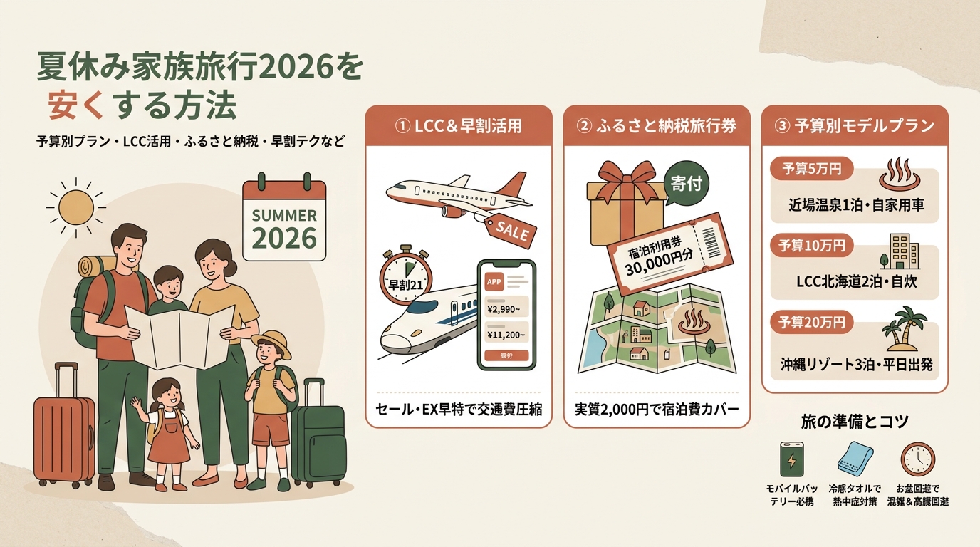 夏休み家族旅行2026を安くする方法 予算別プラン・LCC活用・ふるさと納税・早割テクなど