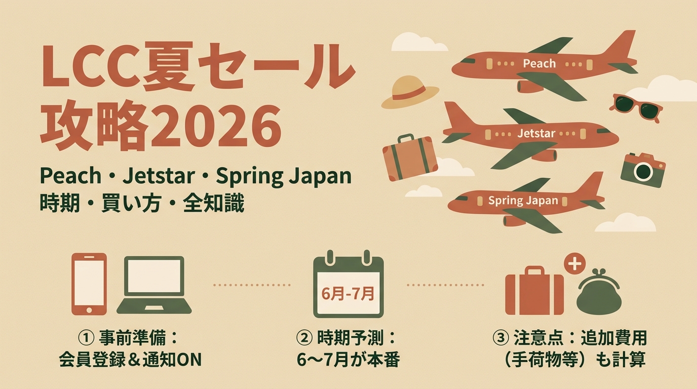LCC夏セール攻略2026 Peach・Jetstar・Spring Japan時期・買い方など アイキャッチ(PC用)