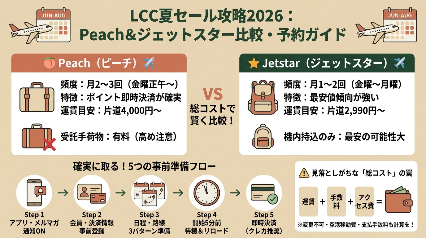 LCC夏セール攻略2026 Peach・ジェットスター・比較・予約タイミング・注意点など