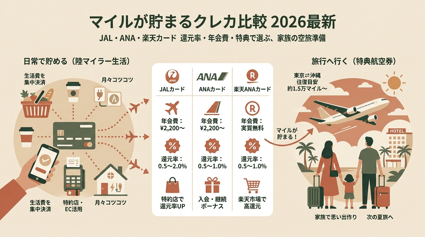 マイルが貯まるクレカ比較2026最新 JAL・ANA・楽天カード還元率・年会費・特典など アイキャッチ(PC用)