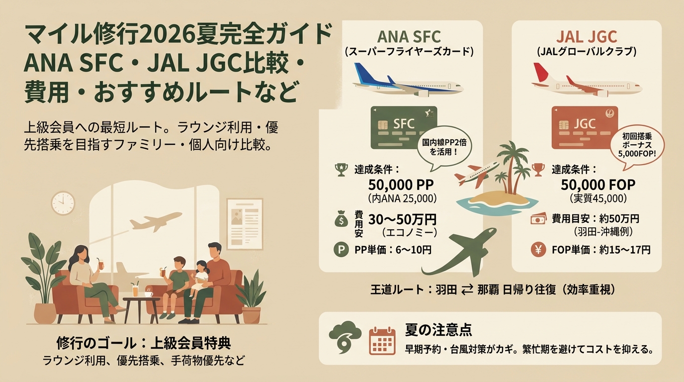 マイル修行2026夏完全ガイド ANA SFC・JAL JGC比較・費用・おすすめルートなど