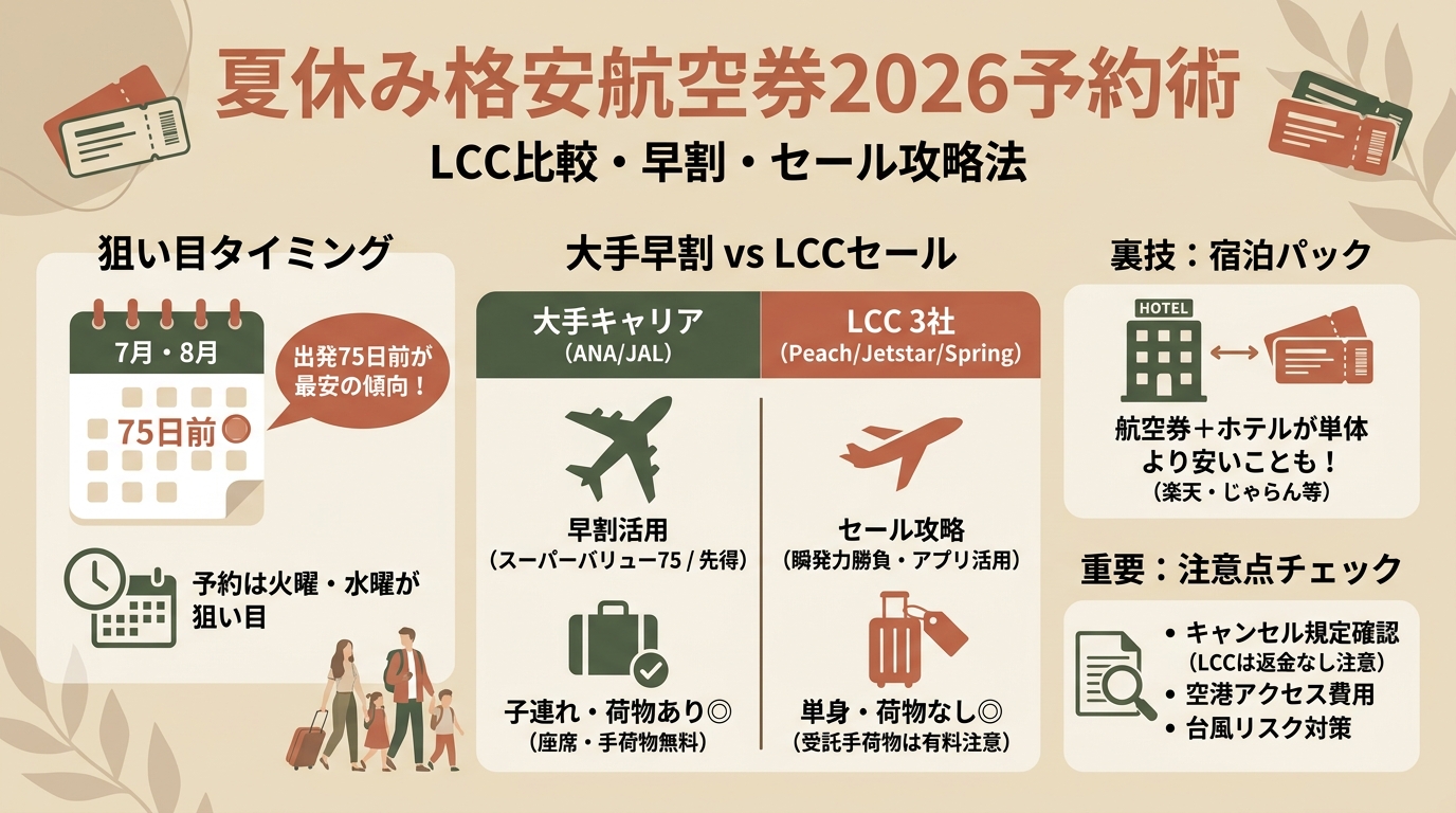 夏休み格安航空券2026予約術 LCC比較・早割活用・安い時期・セール攻略法など