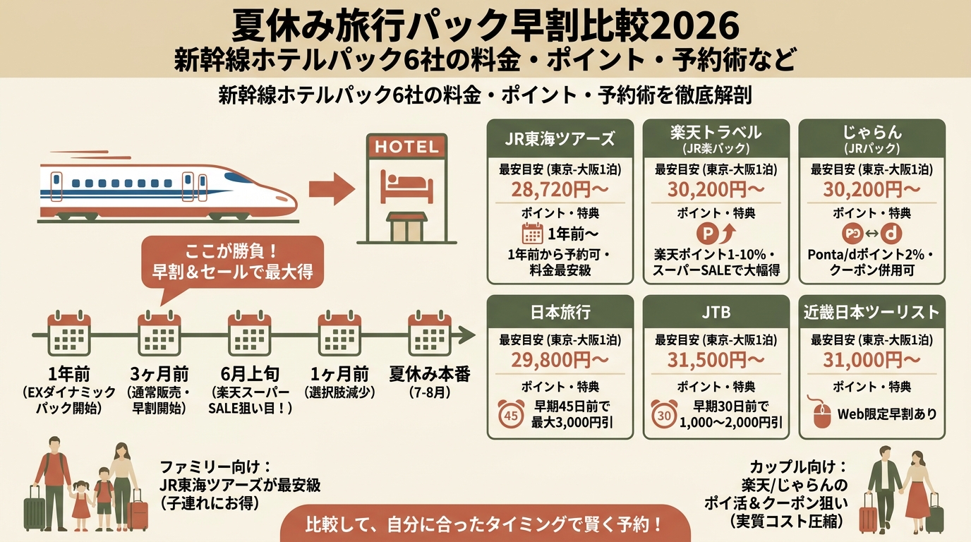 夏休み旅行パック早割比較2026 新幹線ホテルパック6社の料金・ポイント・予約術など