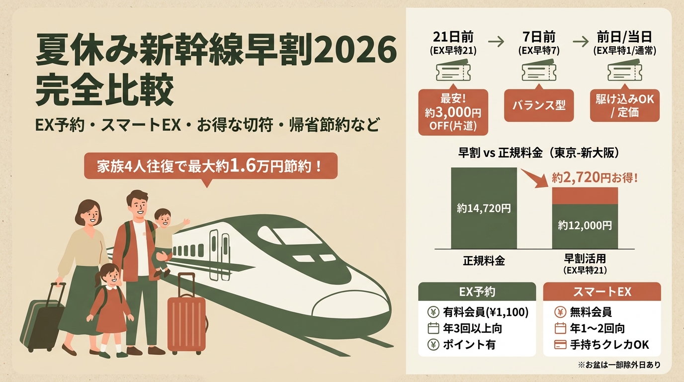 夏休み新幹線早割2026完全比較 EX予約・スマートEX・お得な切符・帰省節約など アイキャッチ(PC用)
