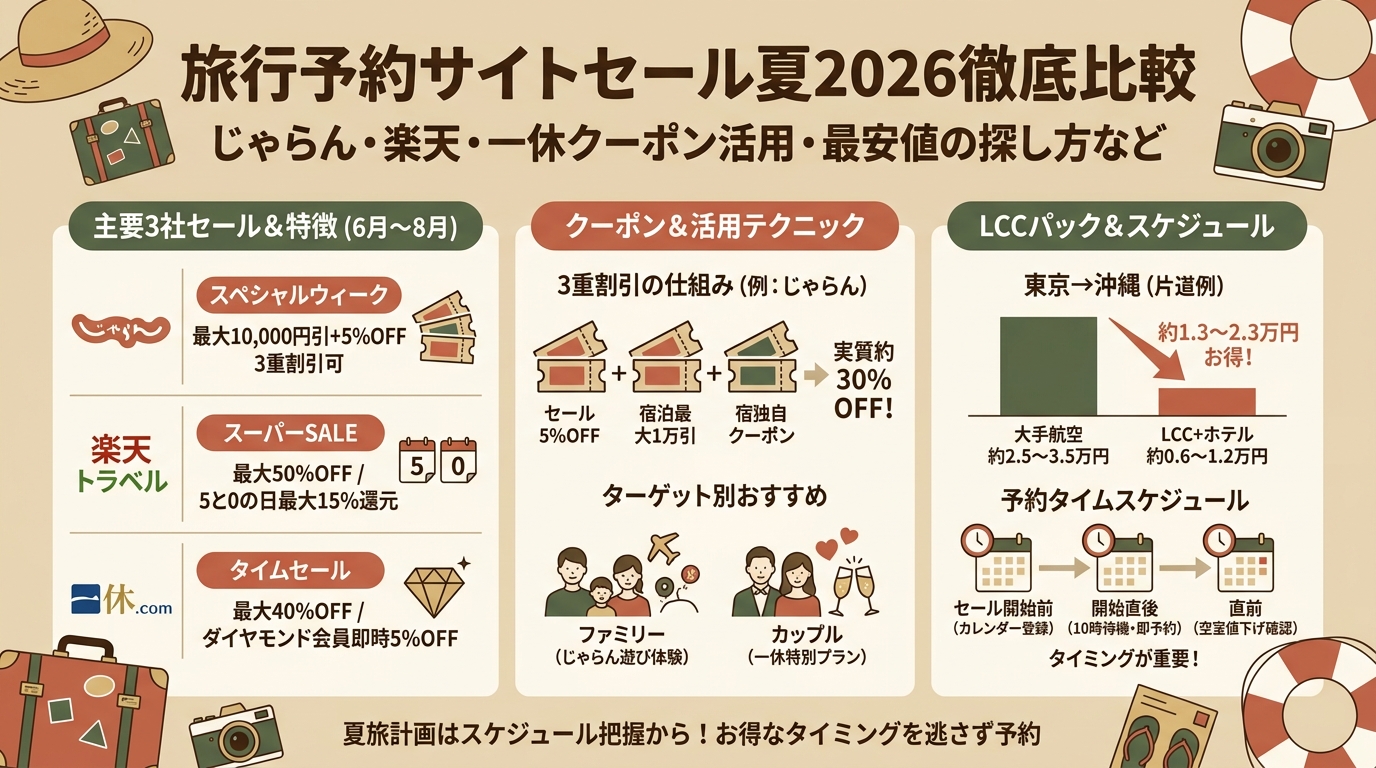 旅行予約サイトセール夏2026徹底比較 じゃらん・楽天・一休クーポン活用・最安値の探し方など