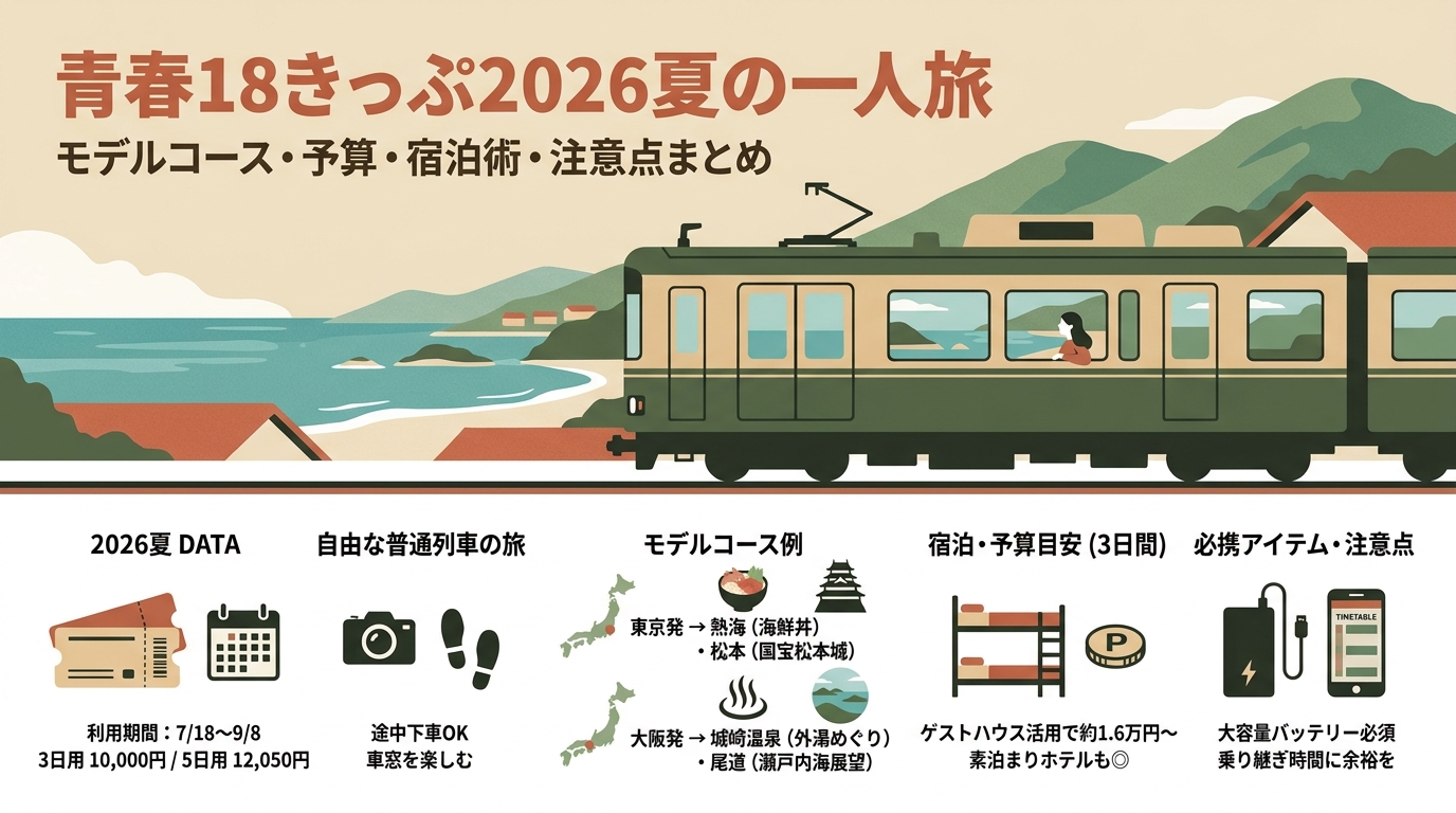 青春18きっぷ2026夏の一人旅 モデルコース・予算計算・宿泊術・注意点など