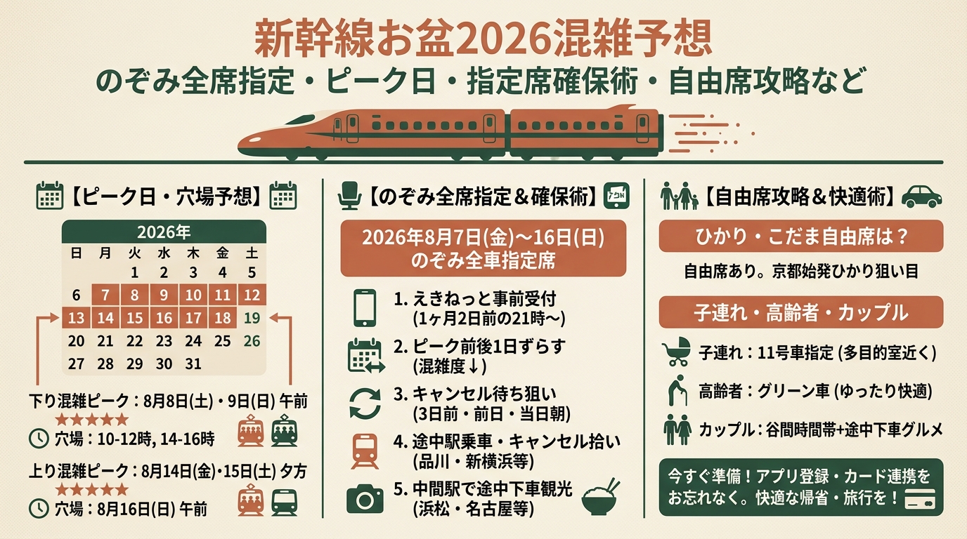 新幹線お盆2026混雑予想 のぞみ全席指定・ピーク日・指定席確保術・自由席攻略など