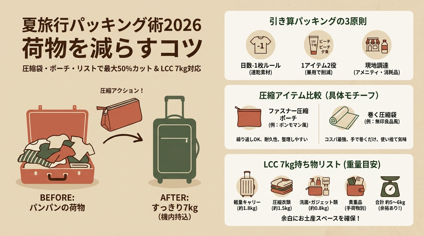 夏旅行パッキング術2026 荷物を減らすコツ・圧縮袋・トラベルポーチ・持ち物リストなど