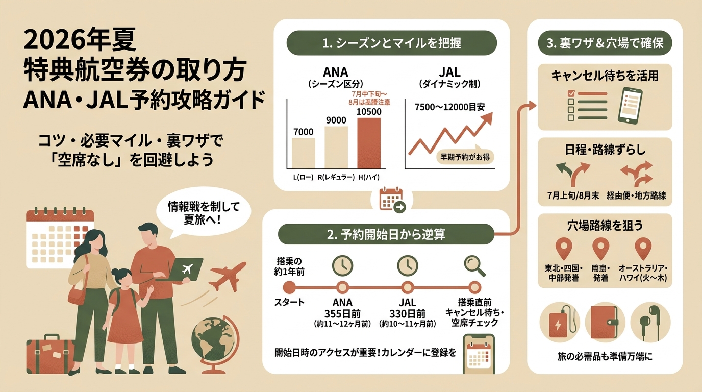特典航空券の取り方2026夏 ANA・JAL予約のコツ・必要マイル・裏ワザなど