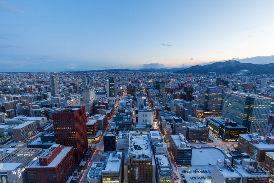 夕暮れ時の、雪に覆われた建物と遠くの山々が見える、冬の札幌の魅惑的な空中写真。