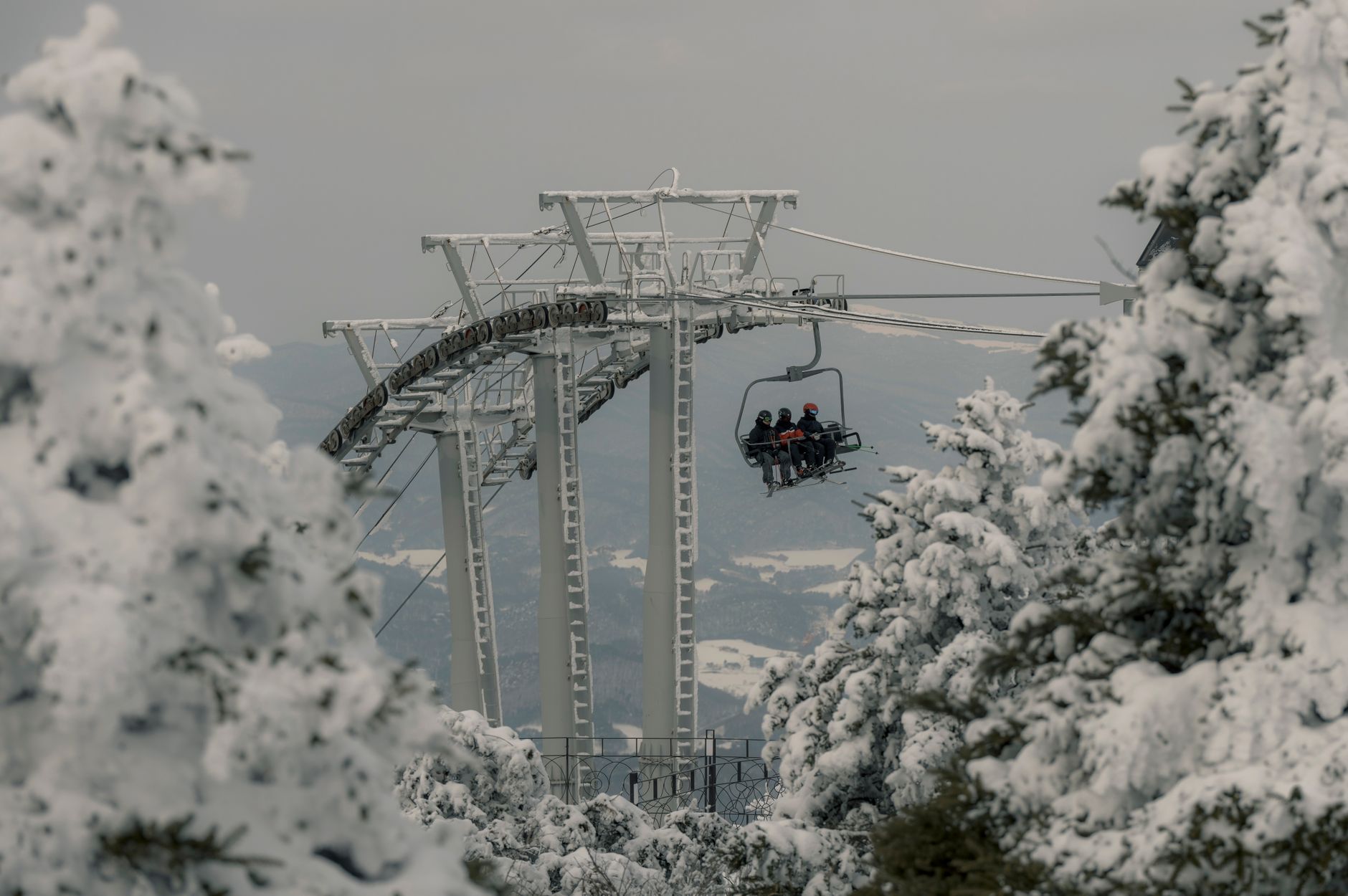雪化粧した木々の間を進むスキー場のリフト（スキーツアー早割シーズンのイメージ）